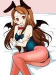  :d animal_ears ass bare_shoulders breasts brown_hair bunny_ears bunnysuit cleavage demon_wings detached_collar fang idolmaster idolmaster_(classic) long_hair lying minase_iori nikukai open_mouth pantyhose red_eyes small_breasts smile wings 