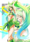  1girl breasts green_hair long_hair midriff navel personification pokemon ponytail rayquaza smile solo sumeshi underboob very_long_hair yellow_eyes zoom_layer 