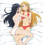  akasha_(dream) aqua_eyes aragaki_ayase bikini black_hair blonde_hair blue_eyes blush eye_contact kousaka_kirino long_hair long_legs looking_at_another lying midriff multiple_girls navel ore_no_imouto_ga_konna_ni_kawaii_wake_ga_nai swimsuit yuri 