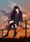  black_hair black_serafuku black_skirt chain-link_fence cloud fence ghost kanoe_yuuko light_smile loafers long_hair pantyhose red_eyes school_uniform serafuku shoes sitting skirt solo sunset tasogare_otome_x_amnesia zoom_(artist) 