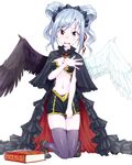  aidama_(td1143) asymmetrical_wings book covering feathered_wings frills idolmaster idolmaster_cinderella_girls kanzaki_ranko midriff miniskirt navel open_mouth purple_eyes short_twintails silver_hair simple_background skirt skirt_pull solo thighhighs twintails wavy_mouth white_background wings 