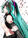  1girl aqua_hair armband belt blue_hair breasts bug bust calne_ca deino deino_(artist) detached_sleeves female hatsune_miku headphones highres insect long_hair looking_at_viewer maeda_koutarou nipples open_clothes red_eyes sleeveless solo tattoo twintails upper_body very_long_hair vocaloid 