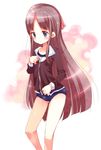  blue_eyes blush brown_hair buruma gym_uniform highres jacket legs long_hair original ribbon solo takasaki_yuuki track_jacket very_long_hair zipping 