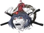  full_body hair_ornament headless leaf looking_at_viewer maple_leaf mazeran no_humans onbashira persona purple_hair red_eyes rope shimenawa slit_pupils snake touhou transparent_background yasaka_kanako 