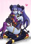  1girl astaroth_(shinrabanshou) belial_(shinrabanshou) black_sclera blue_hair blue_skin blush boots breasts closed_eyes demon_girl demon_tail earrings full_body heart heart_earrings hetero horns jewelry long_hair medium_breasts motitaro pointy_ears purple_footwear shinrabanshou smile succubus tail wings yellow_eyes 