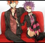  eyepatch isaka lavi purple_hair red_hair road_kamelot short_hair suit thighhighs 