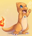  bubble bubbles char char_(character) charmander claws cute fire freckles lizard male necklace nintendo open_mouth orange_skin pok&#233;mon pok&eacute;mon raised_arm reaching reptile scalie simple_background solo spots tartii teeth video_games 