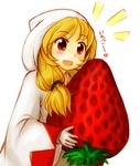  1girl :d akikan_(watashi_no_sekai) blonde_hair final_fantasy final_fantasy_tactics food fruit gloves hood long_hair open_mouth oversized_food oversized_object red_eyes robe simple_background smile solo strawberry twintails white_mage white_mage_(fft) 