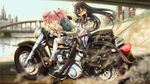  aiming_at_viewer akemi_homura black_hair black_legwear blurry bridge depth_of_field epic glasses ground_vehicle gun hair_ribbon highres kaname_madoka long_hair mahou_shoujo_madoka_magica motor_vehicle motorcycle multiple_girls multiple_riders naka_(nicovideo14185763) pantyhose parody pink_eyes pink_hair purple_eyes ribbon riding short_twintails shotgun t-800 terminator terminator_2:_judgement_day thighhighs twintails weapon white_legwear winchester_model_1887 