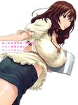  breasts brown_eyes brown_hair character_request cleavage folder highres large_breasts long_hair original simple_background solo white_background yumi_ichirou 