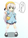  :3 ahoge bag blush_stickers green_eyes grey_hair haiyore!_nyaruko-san hand_on_hip hat kindergarten_uniform long_hair mary_janes messenger_bag nyarlathotep_(nyaruko-san) school_hat shoes shoulder_bag solo translated yukinon_(tsuki_koubou) 