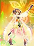  bare_legs bike_shorts bow brown_hair coat flower full_body green_eyes hair_bow hair_flower hair_ornament hairband highres leia_rolando orange_background rod shoes short_hair smile solo tales_of_(series) tales_of_xillia xillia_symbol yukashi1030 