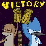  anthro avian bird blue_jay controller dialog dialogue duo english_text eyes_closed fists_of_justice furrygami gloves male mammal mordecai pose purple_background raccoon regular_show rigby space stars text victory 