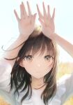  1girl arms_up bangs blurry blurry_background brown_eyes brown_hair commentary eyebrows_visible_through_hair hands_up highres looking_at_viewer medium_hair ojay_tkym original shirt signature solo symbol-only_commentary white_shirt 