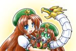  blue_eyes braid brown_hair chibi crossover dragon_gundam g_gundam gundam hair_ribbon hat hong_meiling long_hair mayohi_neko mecha mechanization one_eye_closed ribbon sd_gundam simple_background star touhou 