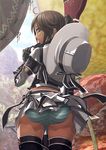  ahoge ass blouse boots brown_eyes brown_hair cowboy_shot elbow_gloves gloves green_panties hat highres lace lace-trimmed_panties looking_back miniskirt monster_hunter panties pantyshot pantyshot_(standing) pleated_skirt revision rian_(armor) skirt solo standing striped striped_panties thigh_boots thighhighs trefoil underwear upskirt v-mag wind wind_lift 