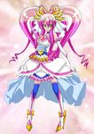  arudebido boots choker dress elbow_gloves eyelashes frills full_body gloves heart long_hair magical_girl multicolored_hair original pink_background pink_hair precure quad_tails smile solo thighhighs two-tone_hair white_gloves yellow_eyes zettai_ryouiki 