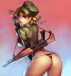  ass assault_rifle blonde_hair blue_eyes commentary gun hat highres looking_back no_pants original panties revision rifle saejin_oh short_hair solo thong underwear weapon 