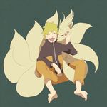  barefoot closed_eyes creature crossover full_body gamera-kanako gen_1_pokemon green_background hand_on_another's_face happy male_focus multiple_tails naruto naruto_(series) ninetales pokemon pokemon_(creature) simple_background sitting smile tail teeth uzumaki_naruto 