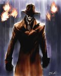  clenched_hands cravat fedora fire gloves hat male_focus mask rain rorschach signature solo standing the_phantom_lim trench_coat watchmen 