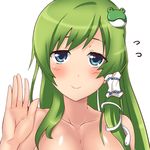  1girl bare_shoulders blue_eyes blush closed_mouth collarbone face flying_sweatdrops frog_hair_ornament green_hair hair_ornament hair_tubes kochiya_sanae long_hair looking_at_viewer portrait smile snake_hair_ornament solo touhou transparent_background waving 