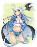  ahoge animal_ears axe blush breasts bustier cape cutoffs denim denim_shorts dog_days grey_hair hand_on_hip leonmitchelli_galette_des_rois long_hair medium_breasts michii_yuuki midriff navel over_shoulder short_shorts shorts smile solo tail weapon yellow_eyes 