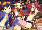  1girl 2boys absurdres bikini_top blue_hair boota breasts drill fingerless_gloves fujima_takuya gloves goggles goggles_on_head gurren-lagann hair_ornament highres kamina lens_flare mecha multiple_boys pink_legwear ponytail red_hair scarf shirtless short_shorts shorts simon smile tengen_toppa_gurren_lagann thighhighs underboob yoko yoko_littner 