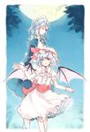  bad_id bad_pixiv_id bat_wings blue_hair bow braid closed_eyes full_moon gloves height_difference highres holding_hands izayoi_sakuya maid moon multiple_girls red_eyes remilia_scarlet shiina_aya touhou wings 
