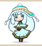  blue_eyes blue_hair blush chibi eyebrows hat homurabi rune_master_(sekaiju) sekaiju_no_meikyuu sekaiju_no_meikyuu_4 simple_background skirt standing 