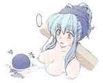  bath bathing blue_hair blush breasts elf_(stroll_in_the_woods) floating_breasts hat kamishirasawa_keine long_hair medium_breasts nude red_eyes solo touhou towel 