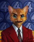  abstract_background anchorman blue_eyes cat facial_hair feline lauren_magpie looking_at_viewer magpie_(artist) male mammal mustache necktie parody ron_burgundy suit what whiskers 