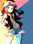  baseball_cap blue_eyes brown_hair colorful denim denim_shorts exposed_pocket hat long_hair looking_at_viewer poke_ball_print pokemon pokemon_(game) pokemon_bw ponytail shorts shouji_ni_nanshi solo tegaki touko_(pokemon) 