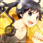  ahoge araragi_karen black_eyes black_hair commentary face fried_egg hair_ornament long_hair looking_at_viewer lowres monogatari_(series) open_mouth ponytail portrait shima_riu smile solo translated 