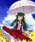  alternate_hair_length alternate_hairstyle ascot blue_sky closed_eyes cloud day dress_shirt fang field flower flower_field green_hair kazami_yuuka kazami_yuuka_(pc-98) kt2 long_hair parasol plaid plaid_skirt plaid_vest shirt skirt skirt_hold skirt_set sky smile solo sunflower touhou touhou_(pc-98) umbrella vest 