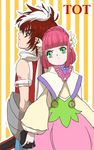  1boy 1girl bare_shoulders brown_eyes caius_qualls dress flower green_eyes lazy_rabbit multicolored_hair pink_hair rubia_natwick scarf tales_of_(series) tales_of_the_tempest 