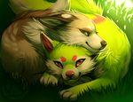  ambiguous_gender brown_fur canine cuddling cute falvie feral fionbri fluffy fluffy_tail fur grass green_eyes green_fur looking_at_viewer mammal on_stomach pink_nose red_eyes testtag 