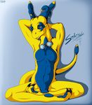  abs anthro blue blue_eyes blue_horns blue_skin breasts dragon eyewear female glasses horn kurtassclear muscles muscular_female nude paws pinup pose scalie sitting solo yellow yellow_body 