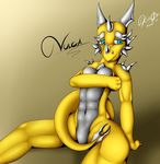  anthro blue_eyes breasts dragon female horn kurtassclear nude pinup pose scalie sitting solo 