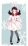  1girl animal_ears black_hair blush bunny_ears copyright_request gloves hands_on_own_face highres orange_eyes pantyhose shiina_aya solo 