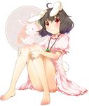  ahoge animal_ears bare_legs barefoot black_hair blush body_blush bunny bunny_ears bunny_tail carrot carrot_necklace convenient_leg full_body inaba_tewi jewelry michii_yuuki necklace pendant red_eyes short_hair sitting smile solo tail touhou white_background 
