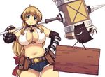  aqua_eyes bare_shoulders blonde_hair breasts cleavage collar curvy denim denim_shorts deviruchi elbow_gloves fingerless_gloves gloves hammer horns huge_breasts huge_weapon long_hair navel ragnarok_online shorts simple_background standing thighs weapon white_background whitesmith xration 