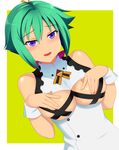  aquarion_(series) aquarion_evol bare_shoulders covering covering_nipples fang green_hair kyoku_tou open_mouth purple_eyes revealing_clothes short_hair solo wrist_cuffs zessica_wong 
