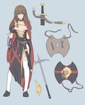  blue_eyes braid breasts brown_hair cape choker crow's_beak fangdan_runiu flat_color grey_background hammer long_hair medium_breasts pixiv_fantasia pixiv_fantasia_sword_regalia sheath shield side_slit single_braid solo standing sword thighhighs vambraces weapon white_legwear 