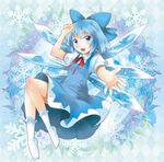  argyle argyle_background blue_eyes blue_hair blush bow cirno floral_background hair_bow jpeg_artifacts looking_at_viewer michii_yuuki no_shoes open_mouth outstretched_hand short_hair smile socks solo touhou white_legwear wings 