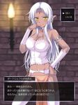  :q armlet bare_shoulders blush breasts brick_wall bustier choker circlet dark_skin earrings elf fake_screenshot finger_to_mouth garter_belt hand_on_hip jewelry kuurunaitsu large_breasts long_hair navel original pink_legwear pointy_ears prostitution solo thighhighs tongue tongue_out torch translated white_hair yellow_eyes 