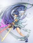  bare_legs between_fingers bike_shorts blue blue_background blue_eyes blue_hair blue_shorts butterfly_hair_ornament cure_aqua cure_fleuret energy_sword eyepatch full_body goru_(cure_golgom) hair_ornament long_hair minazuki_karen parody ponytail precure sengoku_basara serious shoes shorts shorts_under_skirt skirt sword water weapon wide_ponytail yes!_precure_5 