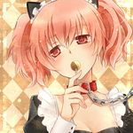  animal_ears argyle argyle_background blush candy chain collar face fake_animal_ears food inu_x_boku_ss lollipop lowres maid maid_headdress pink_hair portrait red_eyes roromiya_karuta shima_riu short_hair short_twintails solo twintails 