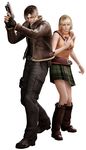  1boy 1girl 3d absurdres ashley_graham blonde_hair capcom gun highres human jacket leon_s_kennedy official_art resident_evil resident_evil_4 scarf skirt sweater_vest weapon 