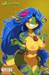  anthro areola big_breasts blue_hair blush breasts chalo edit female flower gecko geecku green green_body grin hair las_lindas lizard long_hair looking_at_viewer nails necklace nipples non-mammal_breasts nude one_eye_closed pose purple pussy reptile scalie smile solo standing stripes teeth thighs voluptuous wide_hips wink yellow yellow_eyes 