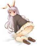  :o all_fours animal_ears bunny_ears from_behind grey_hair kneehighs loafers long_hair looking_at_viewer looking_back michii_yuuki pleated_skirt red_eyes reisen_udongein_inaba shoes skirt solo touhou white_legwear 